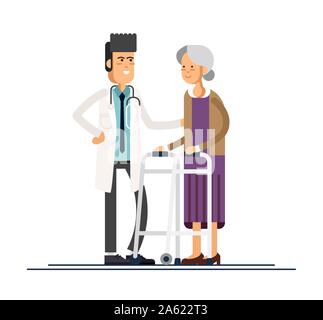 Woman helps elderly patient with a walker illustration Stock Vector ...