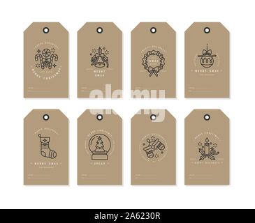 Vector linear design Christmas greetings elements on craft papers. Christmas tags set with typography and colorful icon Stock Vector