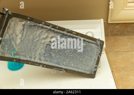 Dirty lint filter from clothes dryer Stock Photo
