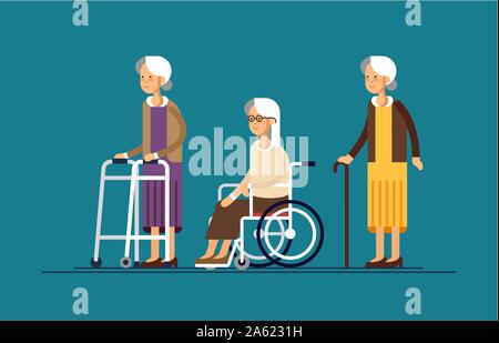 Sat of grandmothers in a wheelchair and with walking stick and paddle walker. Vector illustration in a flat style of elderly woman Stock Vector