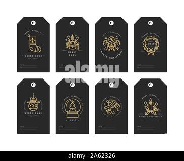 Vector golden linear design Christmas greetings elements on white background. Christmas tags set with typography and gold icon Stock Vector