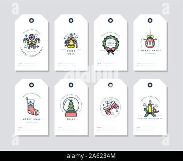 Vector linear design Christmas greetings elements on white background. Christmas tags set with typography and colorful icon Stock Vector