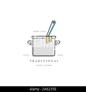 Cooking class linear design element, kitchen emblem, symbol, icon or food cooking label. Hotpot icon. Pan Stock Vector