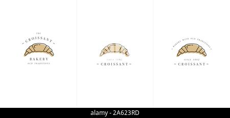Croissant bakery emblem or logo with typography. Bakery shop or pastry shop. Logo in trendy linear style Stock Vector