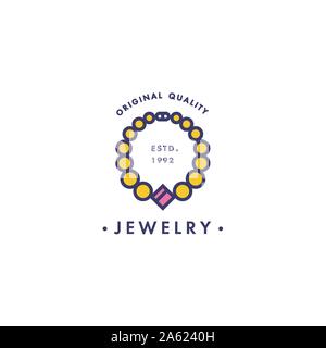 Vector logo with necklace design in trendy linear style in colorful colors - beauty, jewelry and fashion concepts Stock Vector