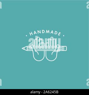 Vector hand made label and badge in linear trendy style - hand made. Hand made logo or icon Stock Vector