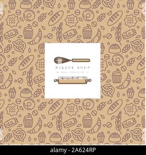 Vector design template and elements for bakery packaging in trendy sketch linear style. Doodles elements with design label and logo.