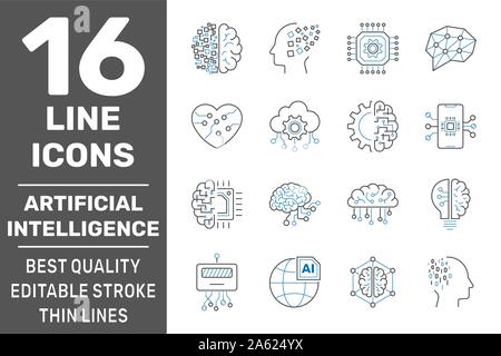 Artificial intelligence line icons. Set of brain, robot, ai, head, technology and more. Editable stroke. EPS 10 Stock Vector