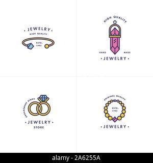 Vector set of logos with necklace and gem stone, wedding rings and bracelet design in trendy linear style in colorful colors - beauty, jewelry and fas Stock Vector