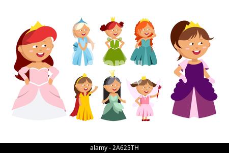 Princesses vector set cute collection of beautiful characters. Adorable elegance style little fairy girls. Old time fashion cartoon costume, crowns an Stock Vector