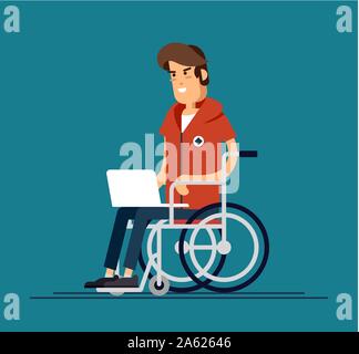 Disabled young man in wheelchair working with computer. Productive online job. Disability, social policy concept. Vector flat style cartoon illustrati Stock Vector