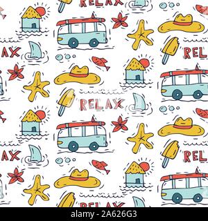Hand draw seamless pattern surfing collection and summer holiday for your design. Tourism and vacation theme Stock Vector