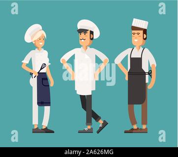 Cool vector flat design culinary and cuisine professionals. Smiling restaurant chef kook with assistants silhouettes isolated. Catering cuisine staff Stock Vector