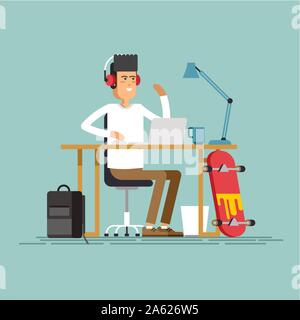 Creative work concept vector background with young adult man working on idea behind his desk listening music wearing headphones. Designer at work illu Stock Vector