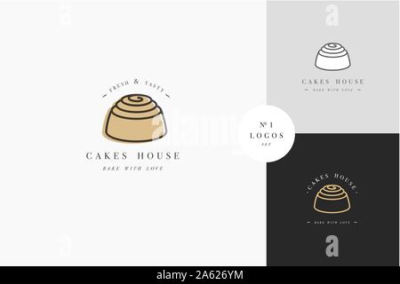 Vector design template and emblem - cake icon for cake shop. Sweet shop. Logo in trendy linear style Stock Vector