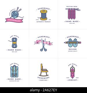 Handmade colorful line logos set. Handmade linear badges or handmade outline labels. Knitwear and sewing symbols. Vector illustration Stock Vector