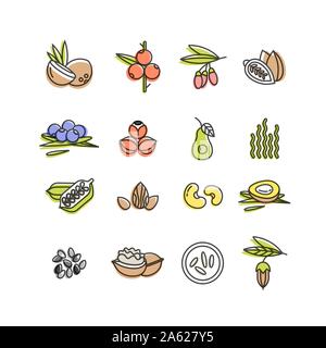 Superfoods line vector icons. Berries,nuts, vegetables fruits and seeds. Organic superfoods for health and diet. Stock Vector