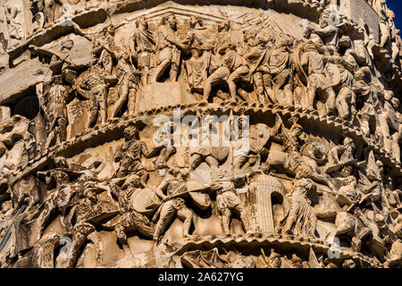 Ancient Emperor Marcus Aurelius Column Roman Soldiers Details Rome Italy.  Column erected in 193 AD to commemorate Emperor's victory in military campa Stock Photo