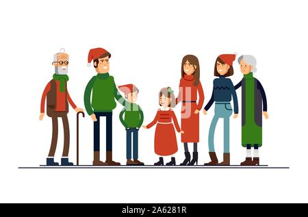 Big happy family in Christmas hats have hugging. Parents with children standing together holding each other. Stock Vector