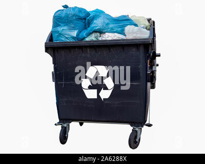 full garbage bin with garbage bags isolated white background Stock Photo