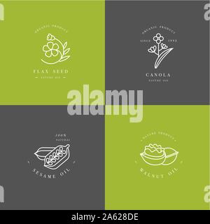 Vector set design templates and emblems - healthy and cosmetics oils - flax seed, walnut, sesame and canola. Stock Vector