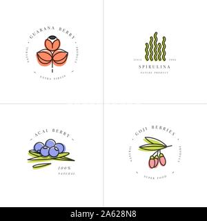 Vector set design templates and emblems - healthy eco food - camu camu, spirulina, goji berry and acai berry. Detox and weightloss supplements. Stock Vector