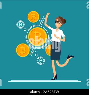 Bitcoin concept vector illustration of businessman jumps rejoice because he making investments for bitcoin and blockchain. Flat design Stock Vector