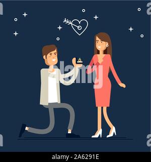 An offer of marriage. Man proposes a woman to marry him and gives an engagement ring. Vector illustration in cartoon style. Stock Vector