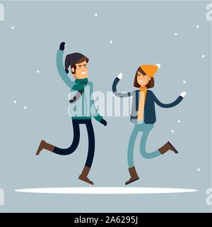 Happy winter vacation. Warmly dressed people in the jump. Merry chrismas vocation. Vector illustration Stock Vector