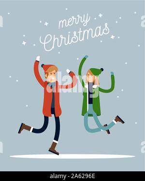 Happy winter vacation. Warmly dressed people in the jump. Merry chrismas vocation. Vector illustration Stock Vector