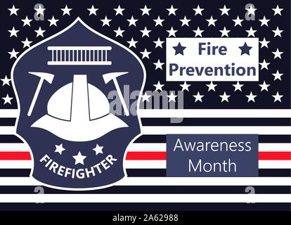 Fire Prevention Awareness Month is organised on October. Ladder, tools, shield with American flag are shown. Stock Vector