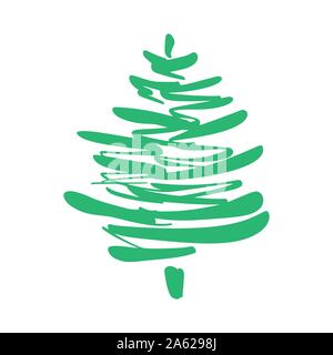 Vector stylized green scribbled Christmas tree logo. Doodle hand drawn xmas element of design for greeting card, banner, poster Stock Vector