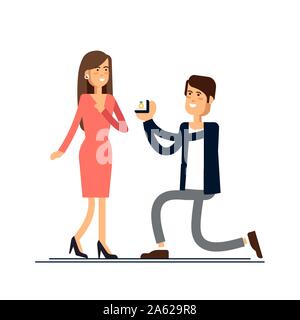 An offer of marriage. Man proposes a woman to marry him and gives an engagement ring. Vector illustration in cartoon style. Stock Vector