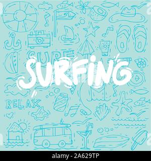 Hand draw pattern or background surfing collection and summer holiday for your design. Tourism and vacation theme. Stock Vector