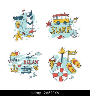 Hand draw icon set surfing collection and summer holiday for your design. Tourism and vacation theme. Stock Vector