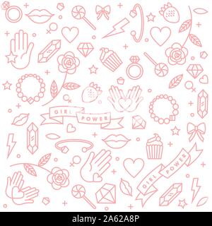 Vector pattern with icon and hand-lettering phrases related to girl power and feminist movement - abstract background for prints, t-shirts, cards. Stock Vector