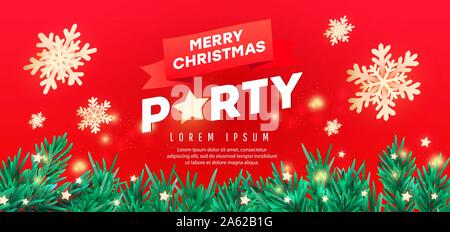 Christmas party design template banner with branch fir tree, stars and paper cut snowflakes on a red background using for web banner, poster Stock Vector