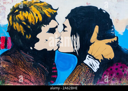 Yerevan, Armenia. August 17, 2018. Mural of two young people kissing. Stock Photo