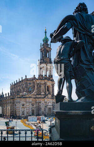 Construction works are underway on the Schlossplatz square in front of the Court Church alias Cathedral alias Hofkirche, in Dresden, Saxony, Germany. Stock Photo