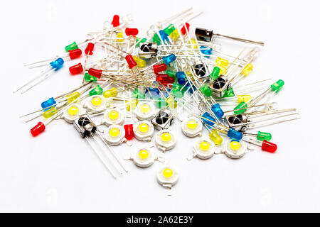 Pile of multicolored 3mmq, 1W LEDs - light-emitting diode and infrared receivers Stock Photo