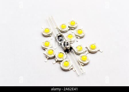 Pile of multicolored 1W LEDs - light-emitting diode and infrared receivers Stock Photo