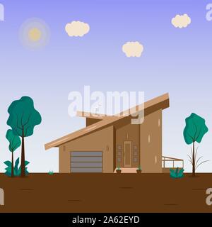 A house near the road with a stocinof on the roof of the sun in the sky. Colorful illustration. Stylish design Stock Vector