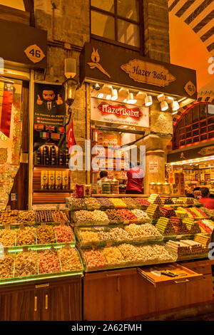 ISTANBUL TURKEY THE SPICE BAZAAR OR MISIR CARSISI INTERIOR OF THE MODERN AREA OF THE MARKET TURKISH DELIGHT AND SWEET STALL Stock Photo