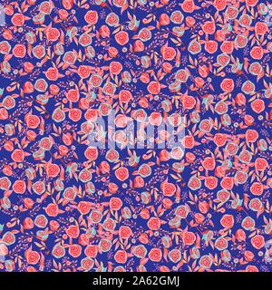 Seamless vector floral wallpaper blue and pink colors. Vintage roses pattern in modern style. Peonies outline style background. Stock Vector