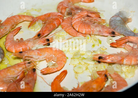 fresh gulf shrimps with garlic fried in olive oil Stock Photo