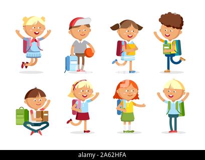 Happy kids jumping. Boys and girls in summer clothes. Vector set of ...