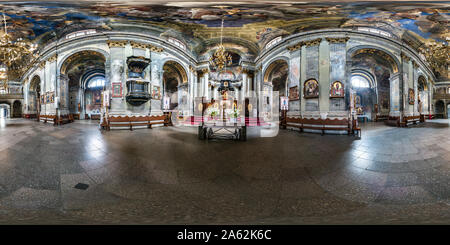 360 degree panoramic view of LVIV, UKRAINE - AUGUST 2019: Full spherical seamless hdri panorama 360 degrees inside interior of old gothic uniate church of Archangel Michael in equ