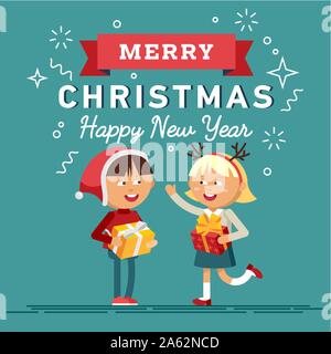 Happy boy and girl with Christmas gifts. Stock Vector