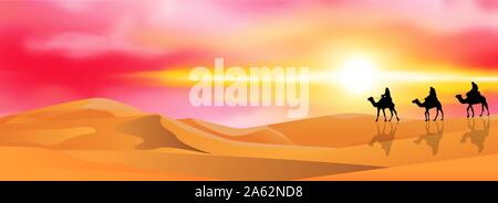 Camel riders in a sandy desert. Caravan on a sunset background. Stock Vector
