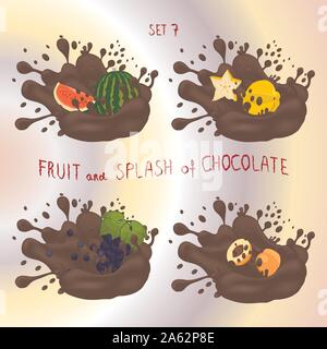 Vector for fruit watermelon, grape, apricot, carambola, splash of drop brown chocolate. Apricot pattern of splashes drip flow Chocolate. Eat fruits wa Stock Vector